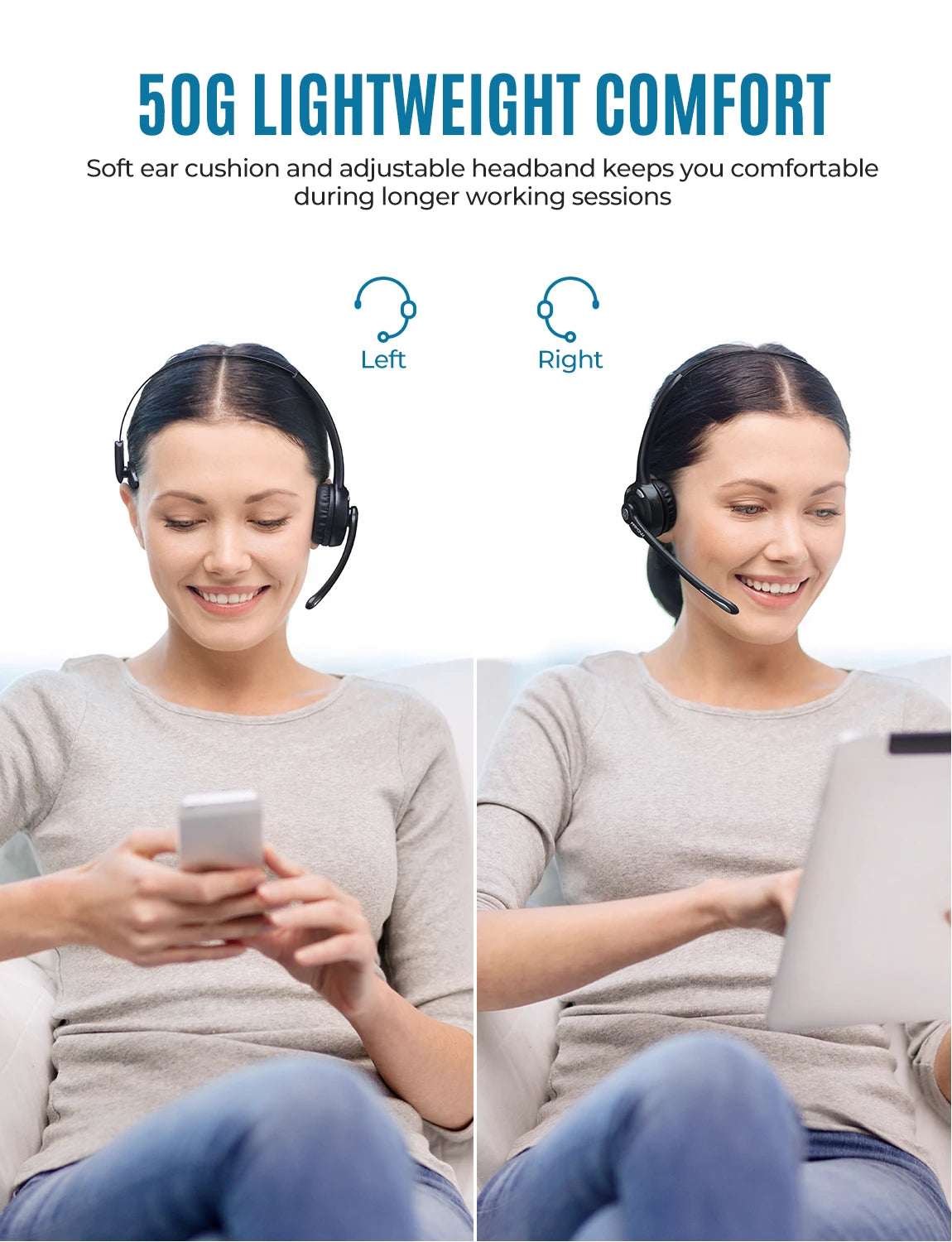 Lightweight black wireless headset with an adjustable headband and microphone, shown worn on both left and right ears.