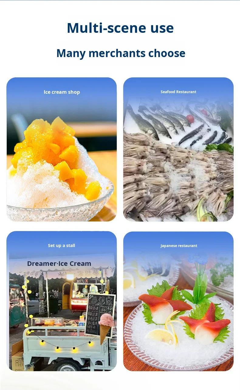 Four-panel collage showing food preservation in ice cream shops, seafood displays, food stalls, and Japanese restaurants.