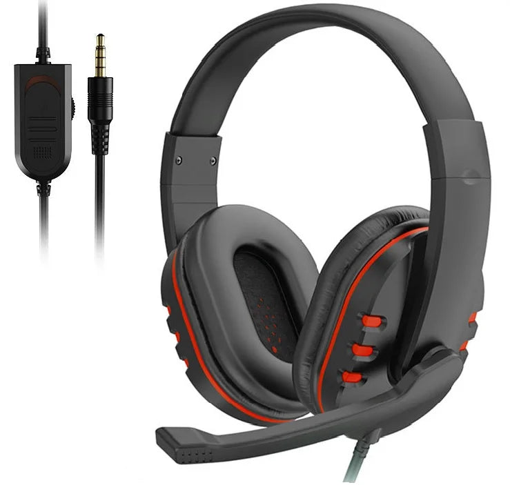 Black wired gaming headset with red accents, integrated microphone, and inline volume control with a 3.5mm jack.