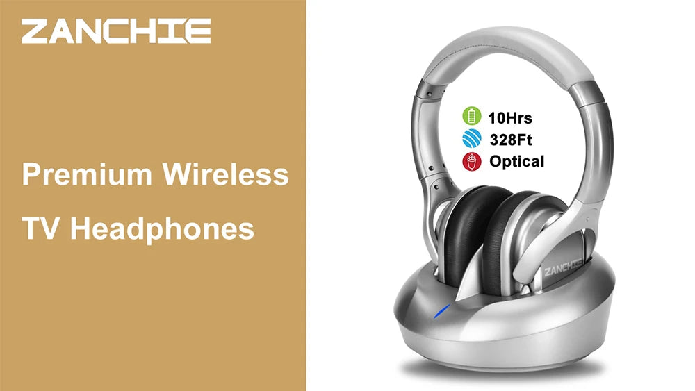 Silver wireless TV headphones on a charging dock. Features include a 328ft range, 10-hour battery, and optical input.