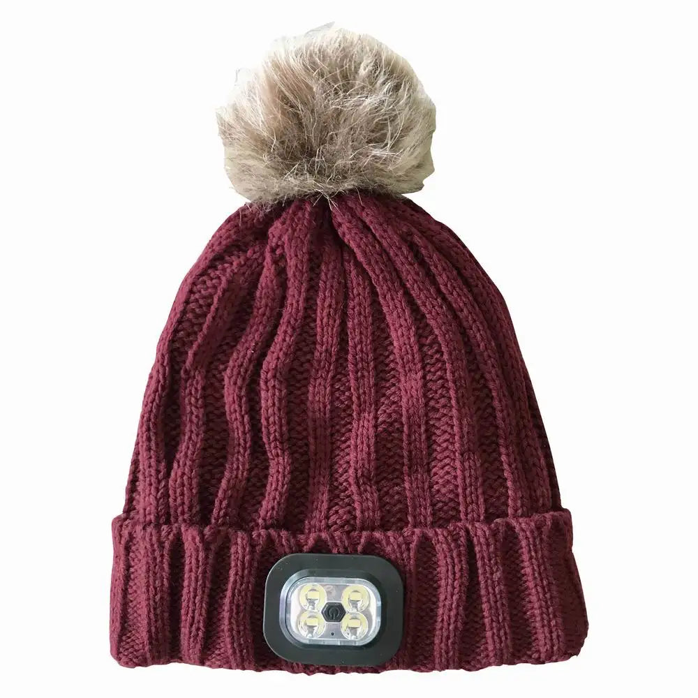 Burgundy ribbed-knit winter beanie featuring a pom-pom and a front-facing integrated LED light.
