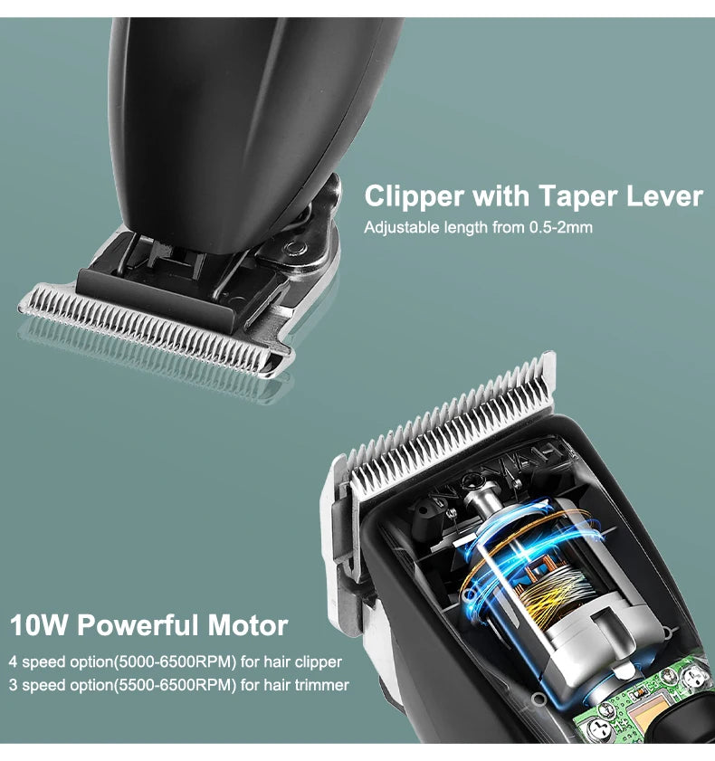 Black rechargeable hair trimmer showing the taper lever for length adjustment and the 10W motor internal components.
