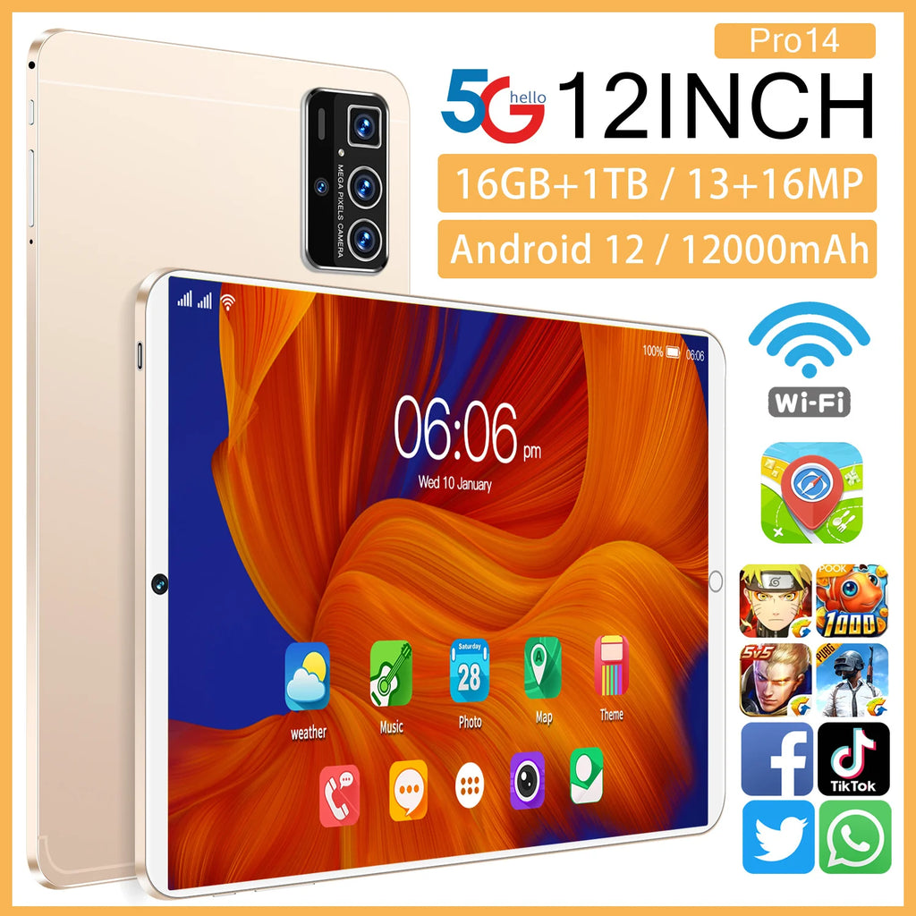 Gold 12-inch Android 12 tablet with a triple-lens rear camera, vibrant home screen, 16GB RAM and 1TB storage.