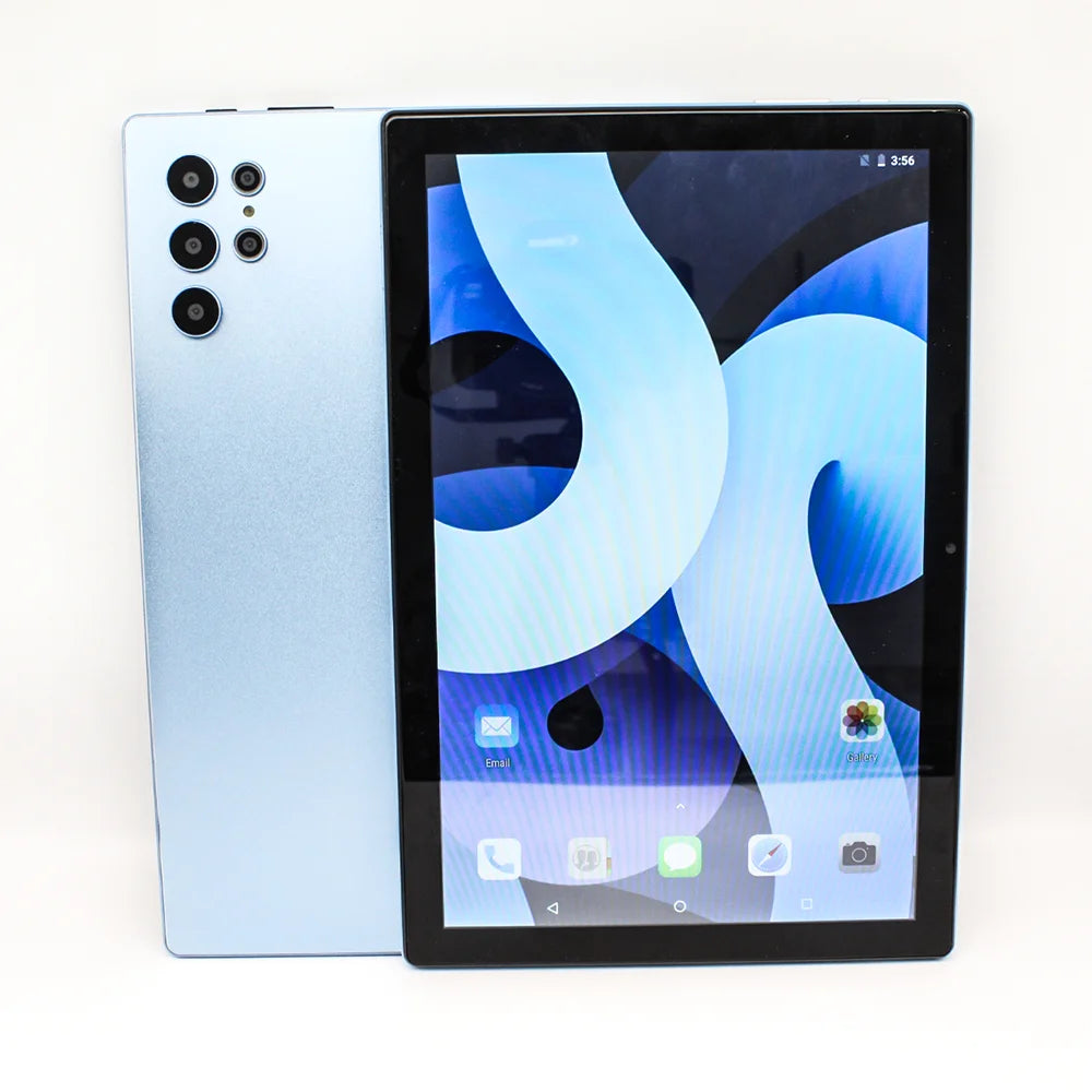 A 10-inch light blue Android tablet featuring a multi-lens rear camera and a bright, app-filled touchscreen display.