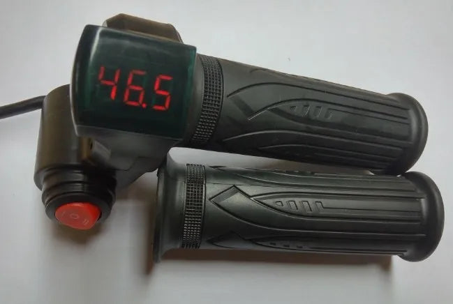Black electric bike twist throttle set with a red digital voltage display and integrated red power button.