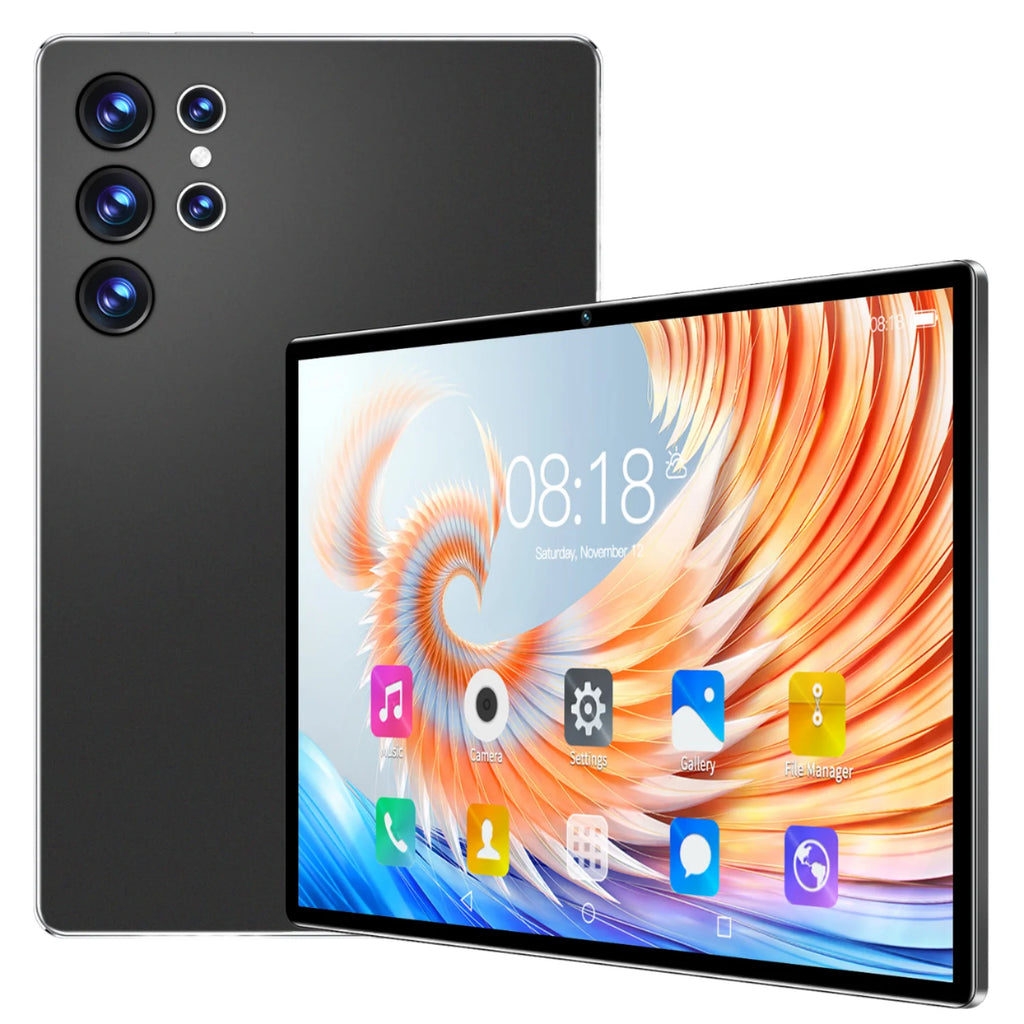 10.1-inch black Android tablet shown from the front and back, featuring a sleek design and triple rear camera lenses.