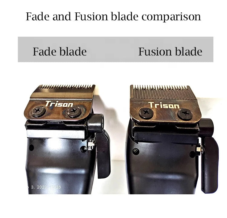 Comparison of a black cordless hair clipper featuring a standard fade blade and a fusion blade.