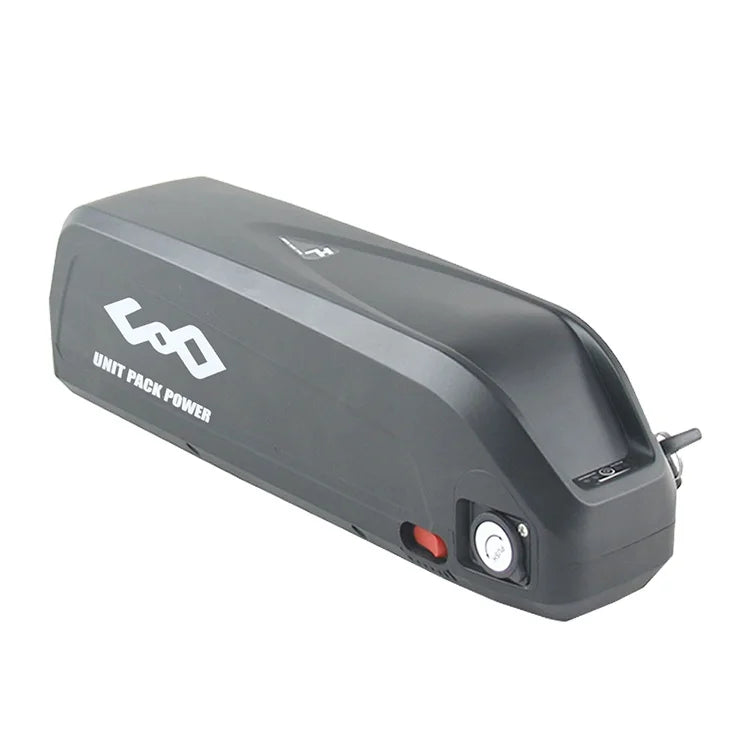 Black electric bike battery pack with a secure key lock and power switch, designed for frame mounting.