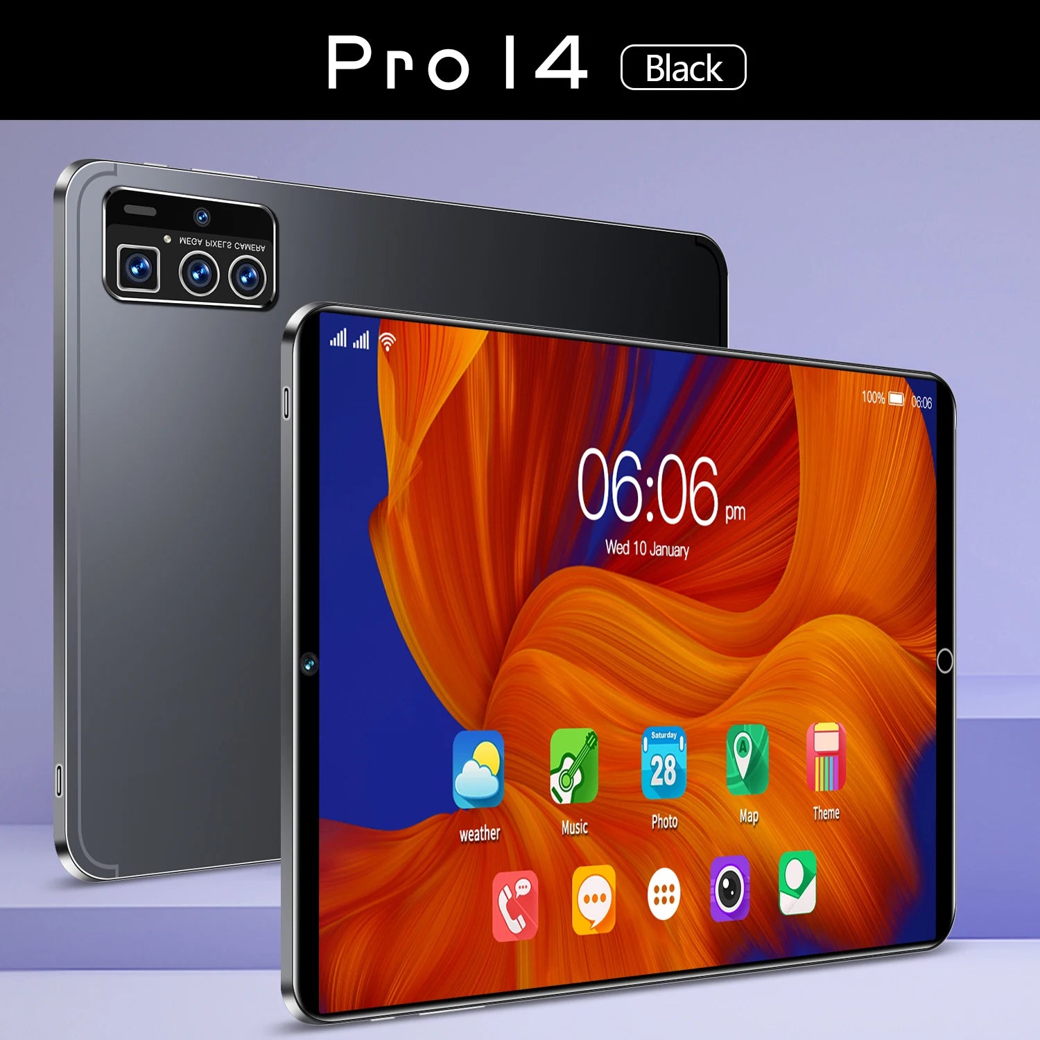 Sleek 12-inch black Android tablet featuring a vibrant display and a triple-lens rear camera system.