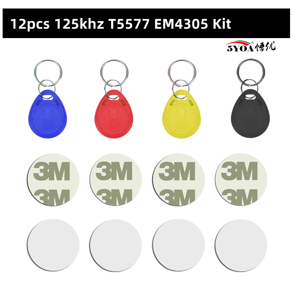 Set of 12 plastic RFID key fobs in blue, red, yellow, and black, with adhesive 3M backing circles.