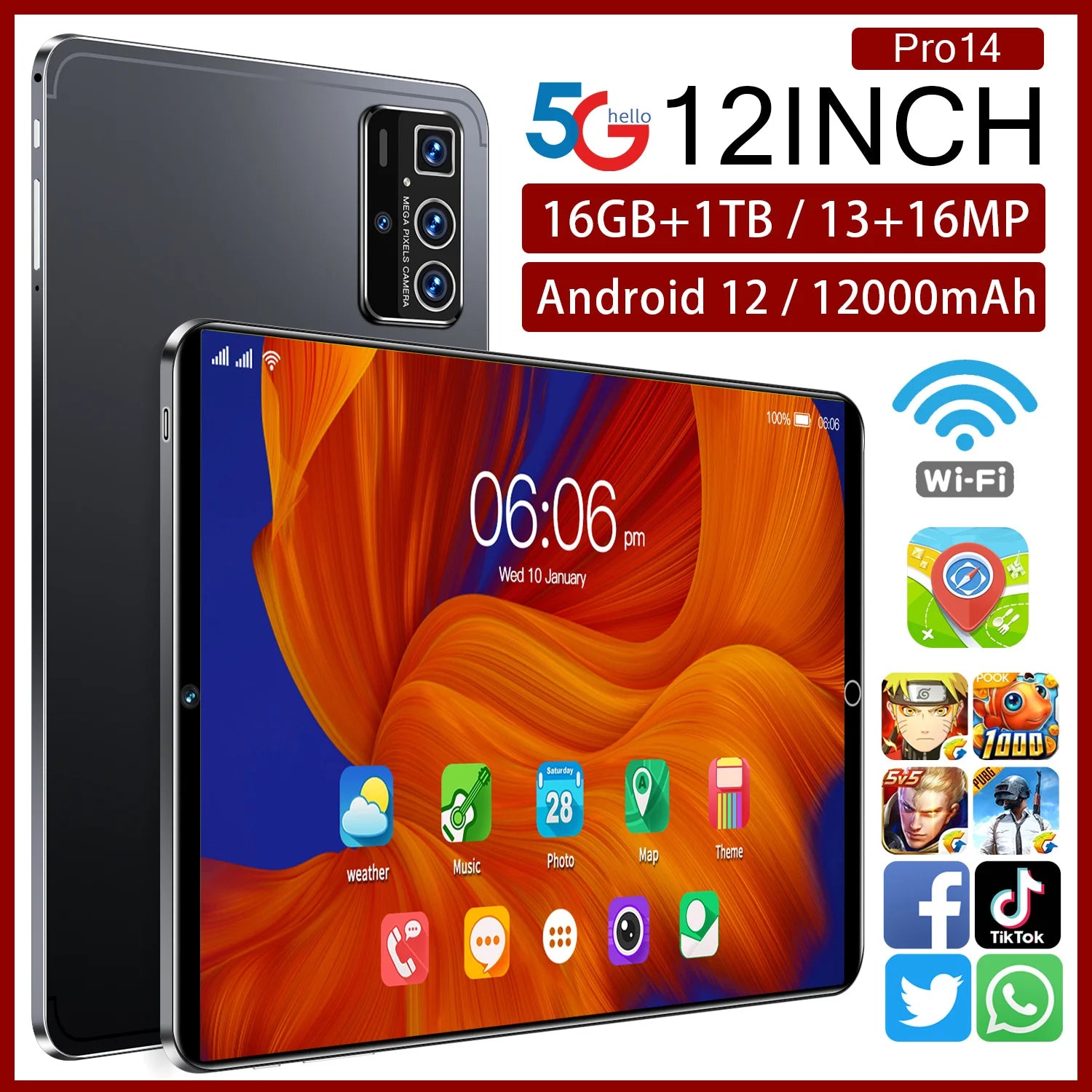Sleek 12-inch grey Android tablet with triple rear camera, vibrant home screen, and 16GB RAM/1TB storage specs.