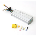 Silver rectangular electric bike brushless controller with attached multi-colored wires, connectors, and a yellow block.