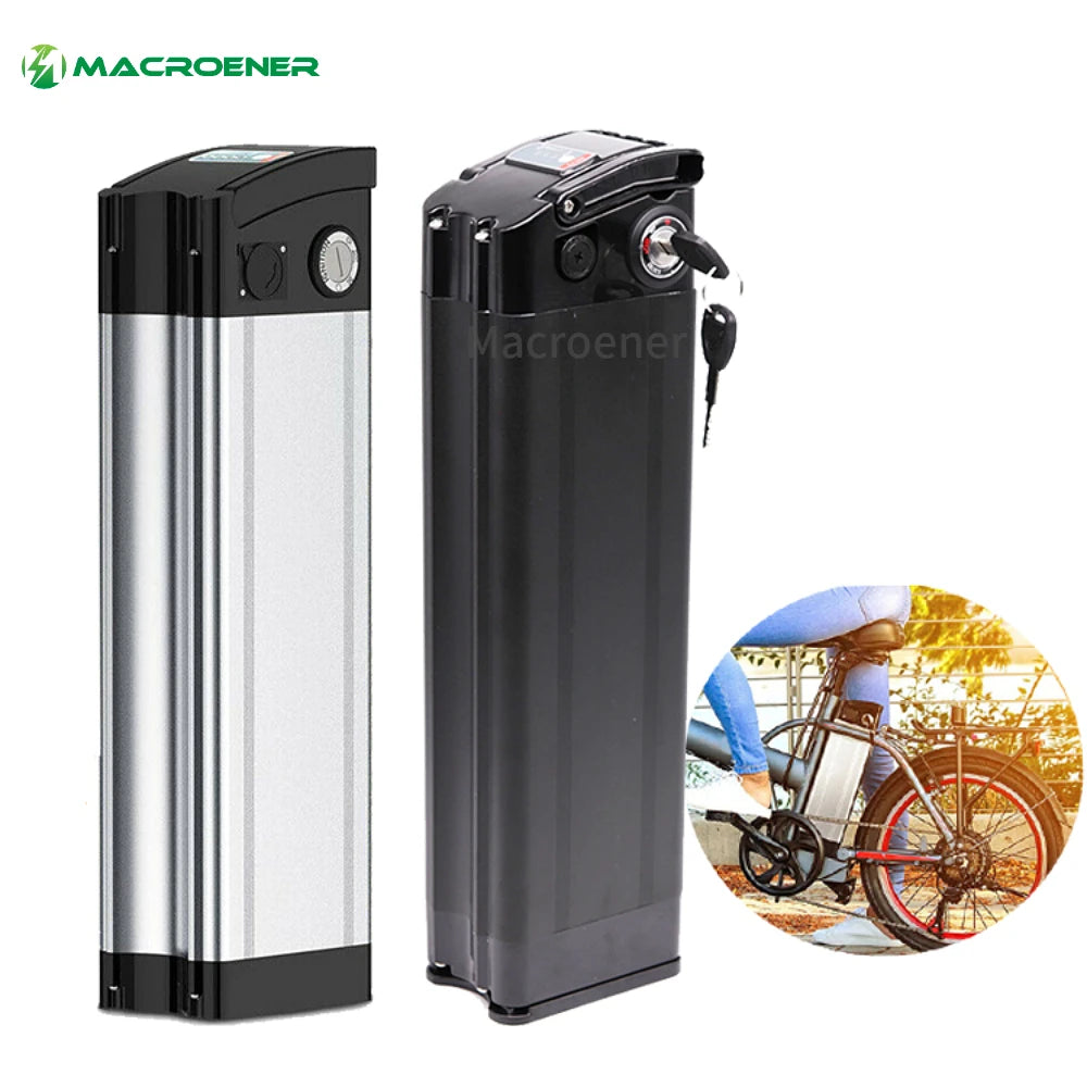 Silver and black 48V 20Ah e-bike lithium battery packs with built-in key locks, shown mounted on an electric bike.