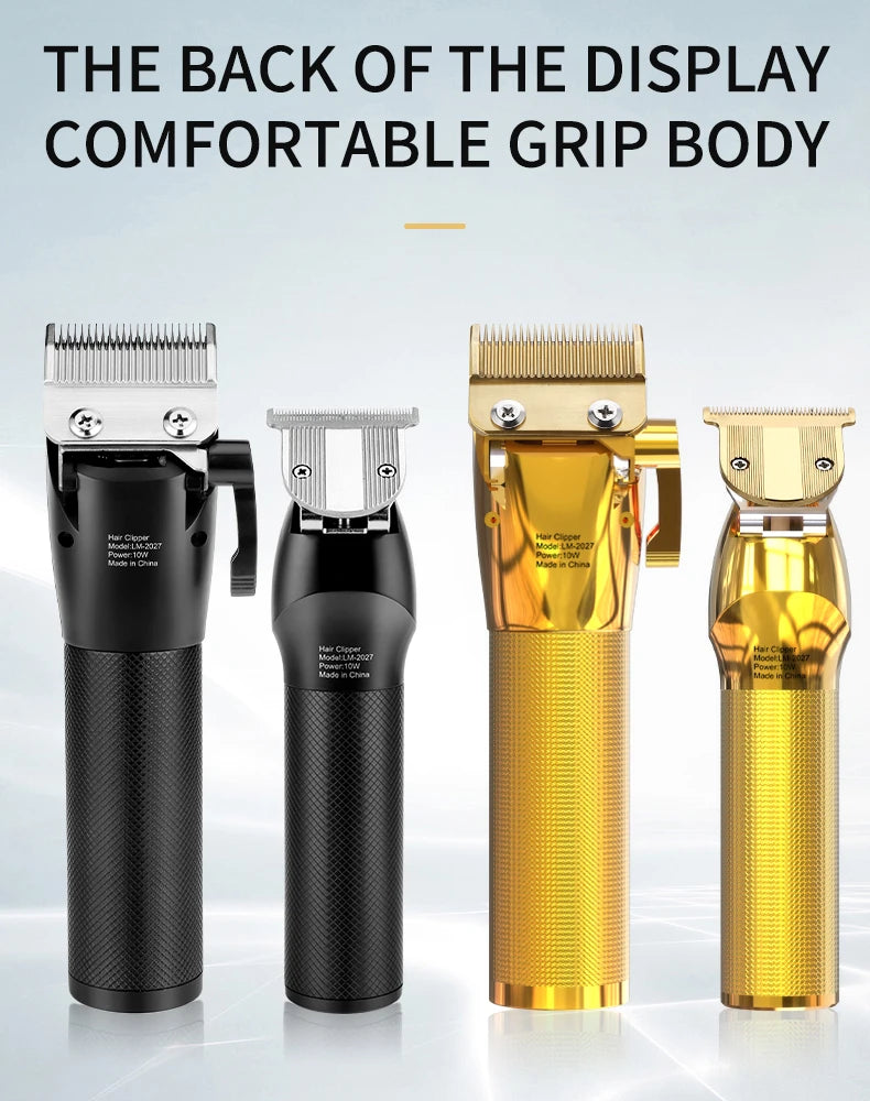 A set of four rechargeable hair trimmers in black and gold metallic finishes with textured, easy-grip handles.