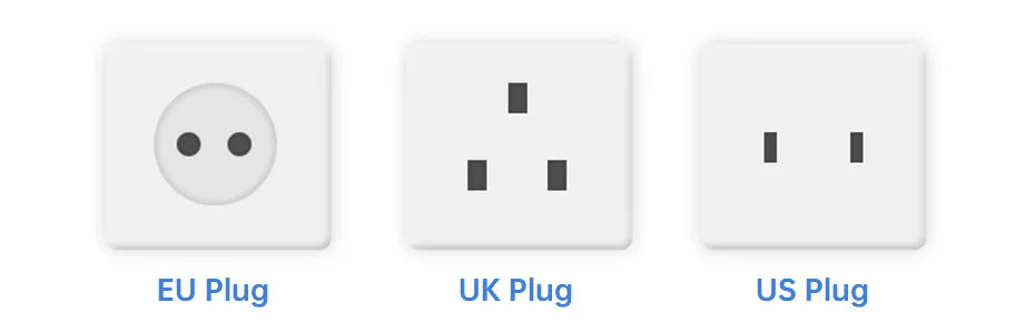 Three white plastic wall outlet adapters for EU, UK, and US plugs.