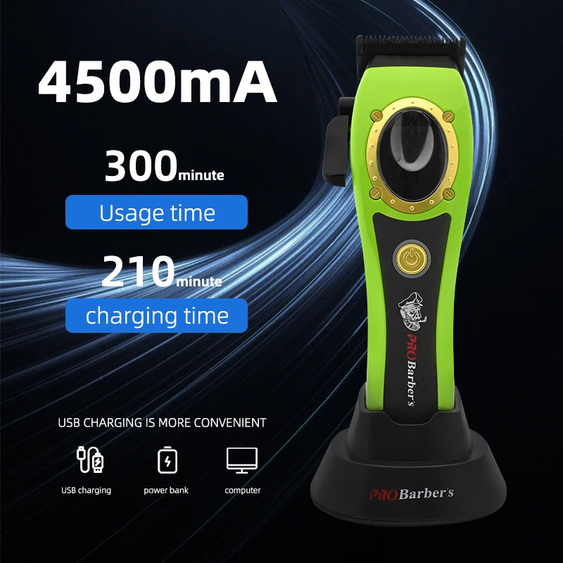 Electric hair clippers in bright green and black, featuring a charging dock, USB power, and long-life battery display.