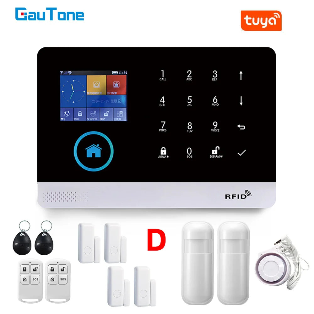 Black and white wireless home alarm control panel with touchscreen, RFID sensors, remote fobs, and motion detectors.