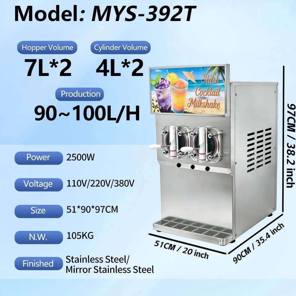 Silver stainless steel commercial slushy machine with two dispensing handles and a top backlit display banner.