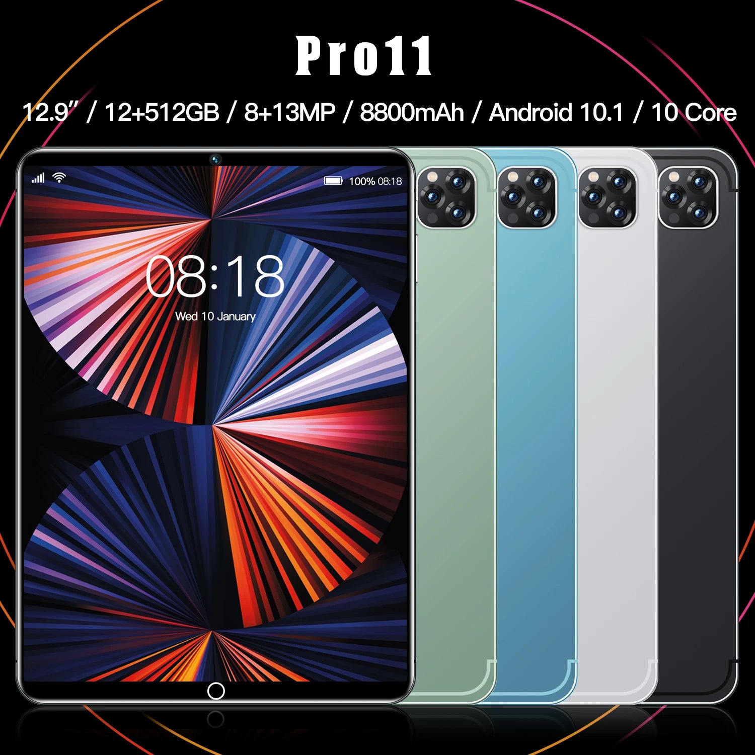 Four tablets in green, blue, silver and black, featuring slim bezels and a triple-camera module.