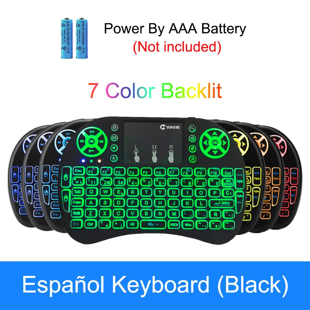 Black mini wireless keyboard with integrated touchpad and 7-colour backlit keys, powered by AAA batteries.