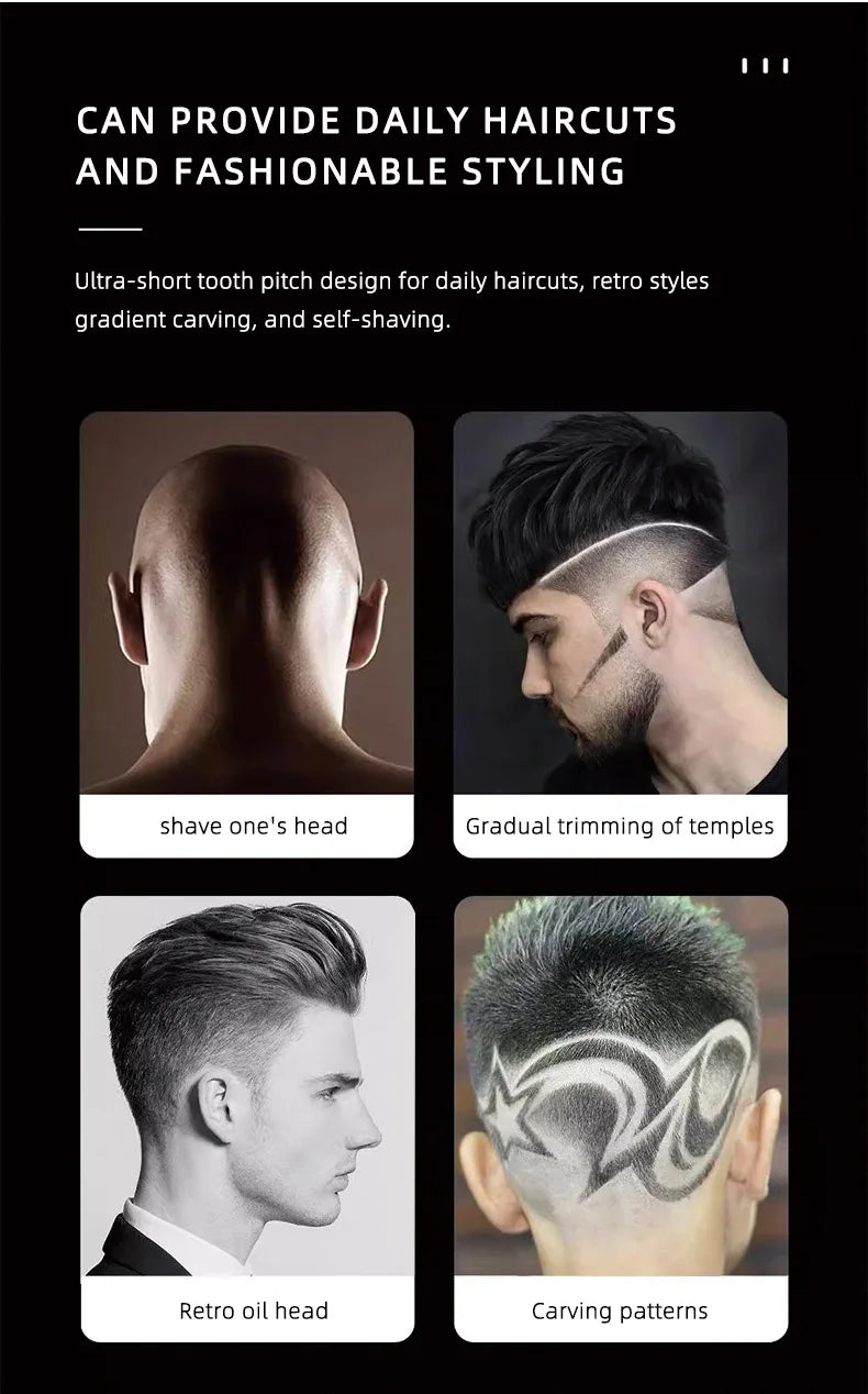 Four images showing men’s haircuts, including a shaved head, temple fades, classic styling, and detailed hair carving.