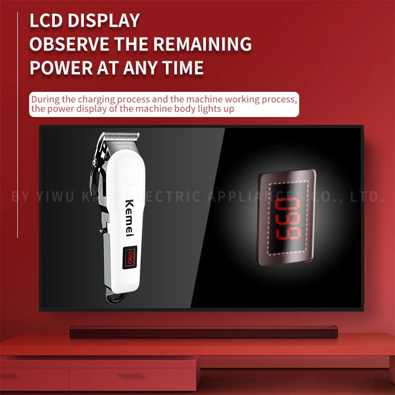 White cordless hair clipper with a built-in LCD screen showing battery percentage.
