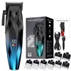 Black and blue cordless hair and beard trimmer with digital display, T-blade, accessories and charging cable.