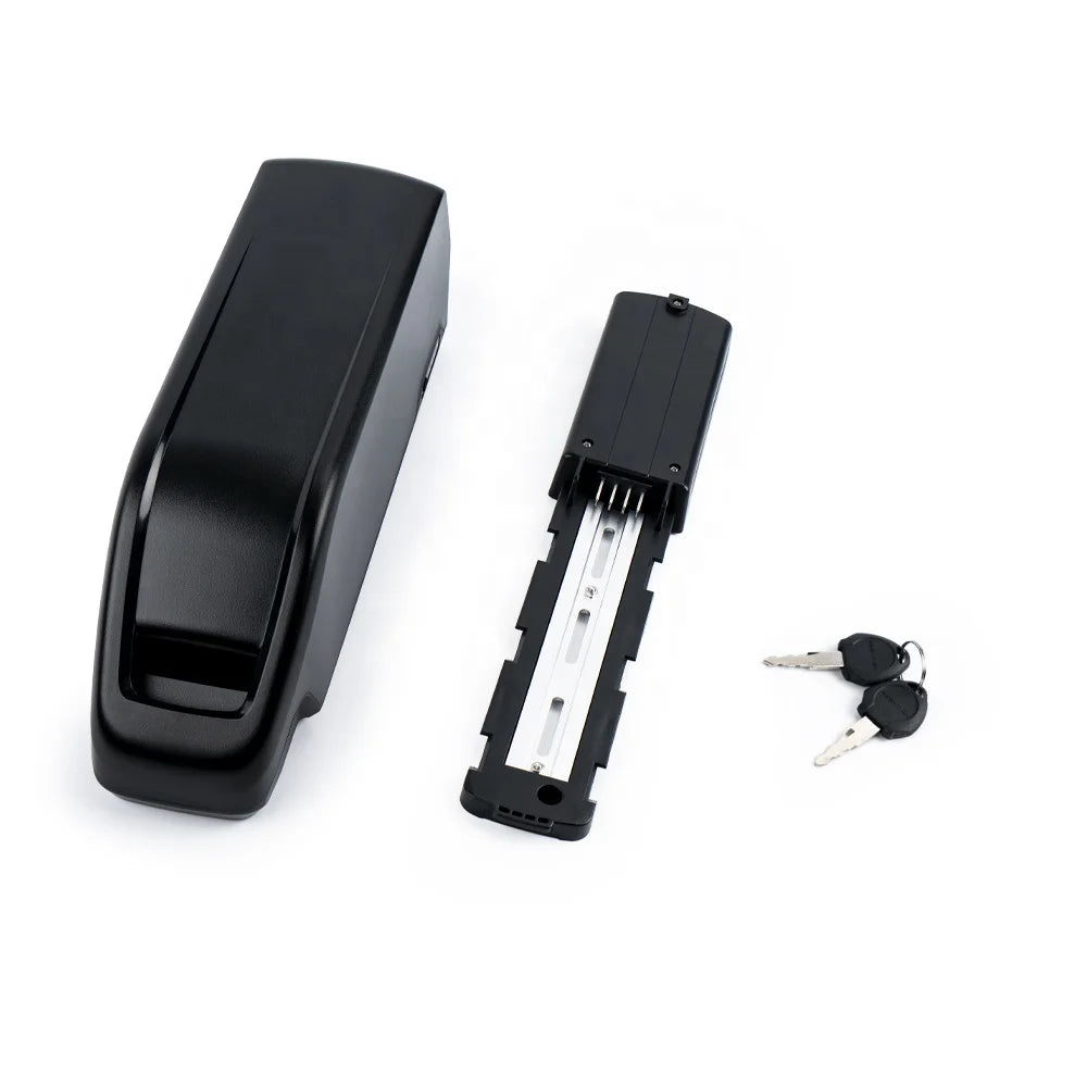 Black e-bike battery pack with mounting bracket and two security keys, isolated on a white background.