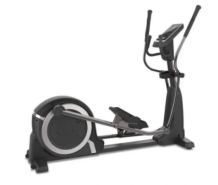 Commercial black elliptical cross trainer with a digital console, moving handlebars, and large foot pedals.