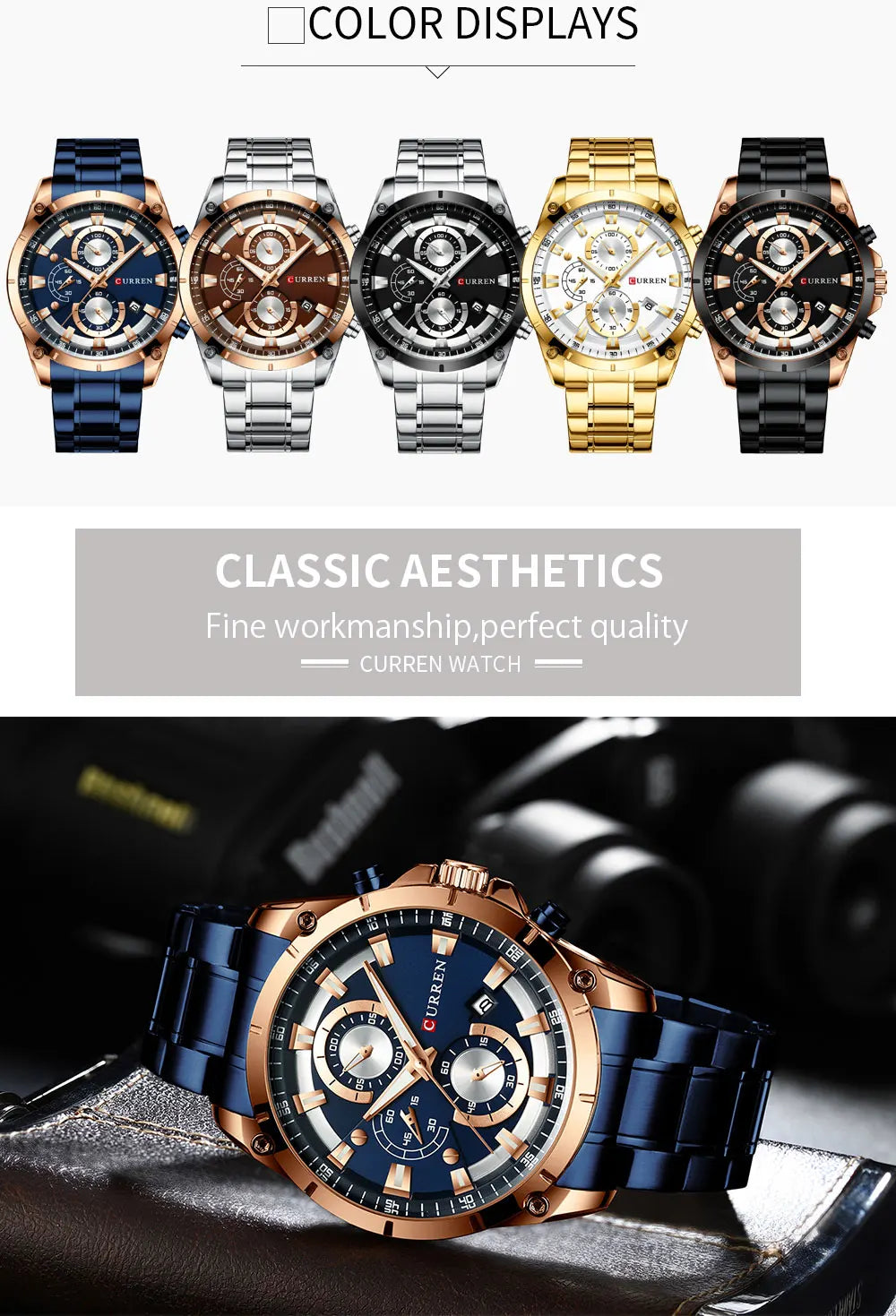 Five luxury stainless steel business watches featuring a date display, chronograph subdials, and metallic finishes.