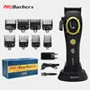 Black professional hair clippers with gold trim, eight guide combs, charging base, cable, and storage box.