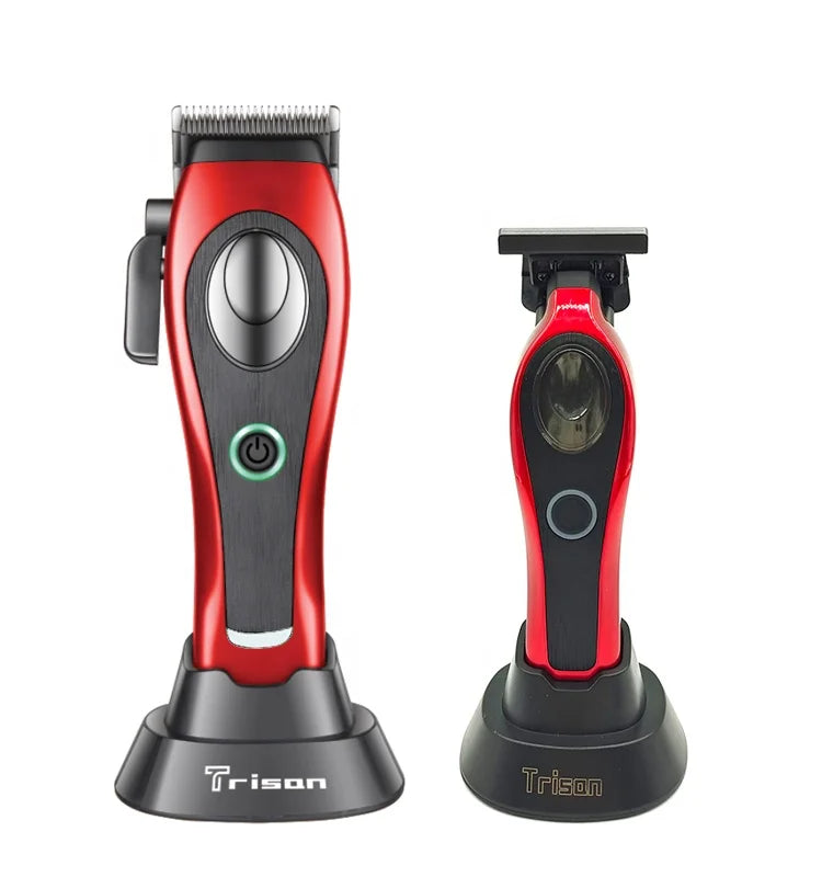 Red and black cordless hair clipper and precision trimmer grooming set with individual charging docks.