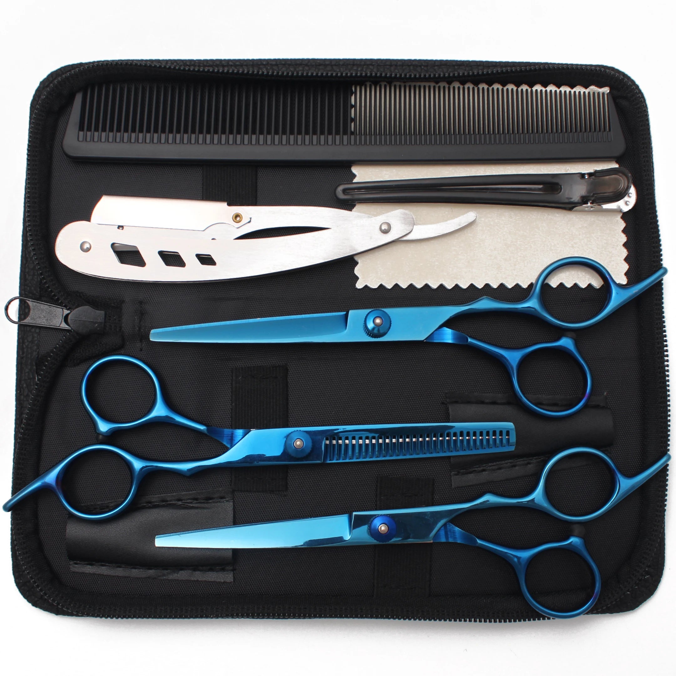 A professional hair cutting set with blue stainless steel scissors, thinning shears, razor, comb and clips in a case.