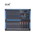 8-channel audio mixer in black and blue with slider controls, knobs, digital display for 99 effects, and USB port.