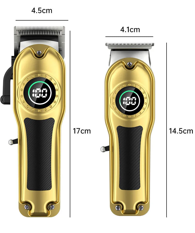 Two gold electric hair clippers with black grip, digital battery displays, and measurements shown on a white background.