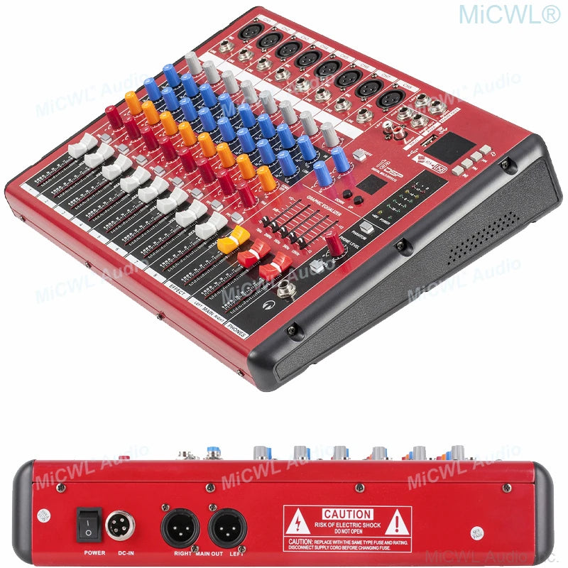 Red multi-channel audio mixing console with colourful knobs, faders, USB, Bluetooth, and graphic equaliser.