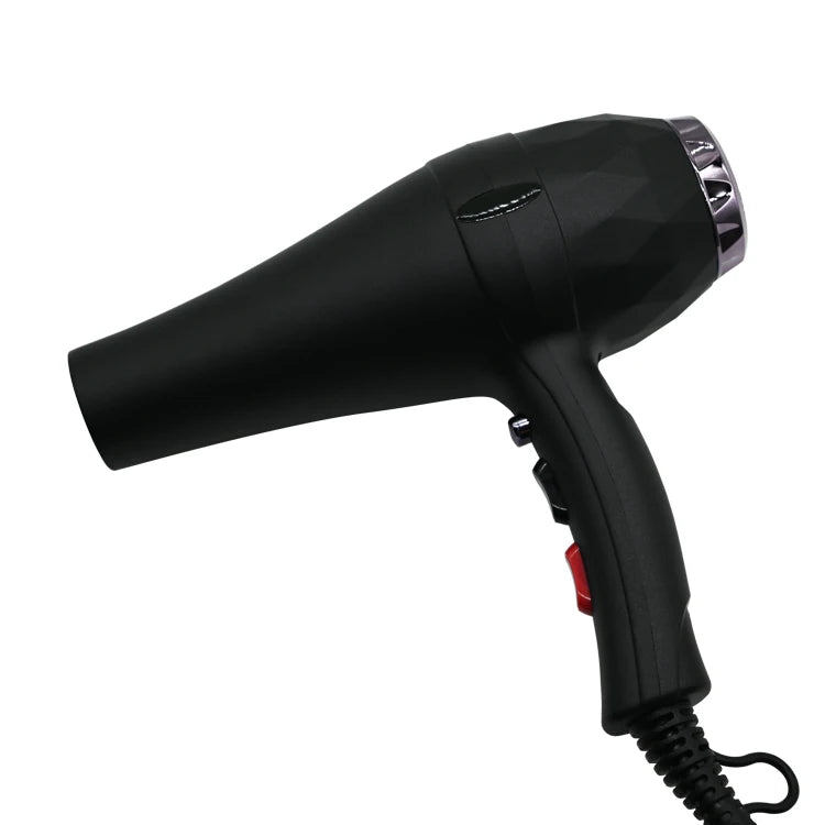 Professional 2300W black salon hair dryer with an angular, faceted design and side control switches.