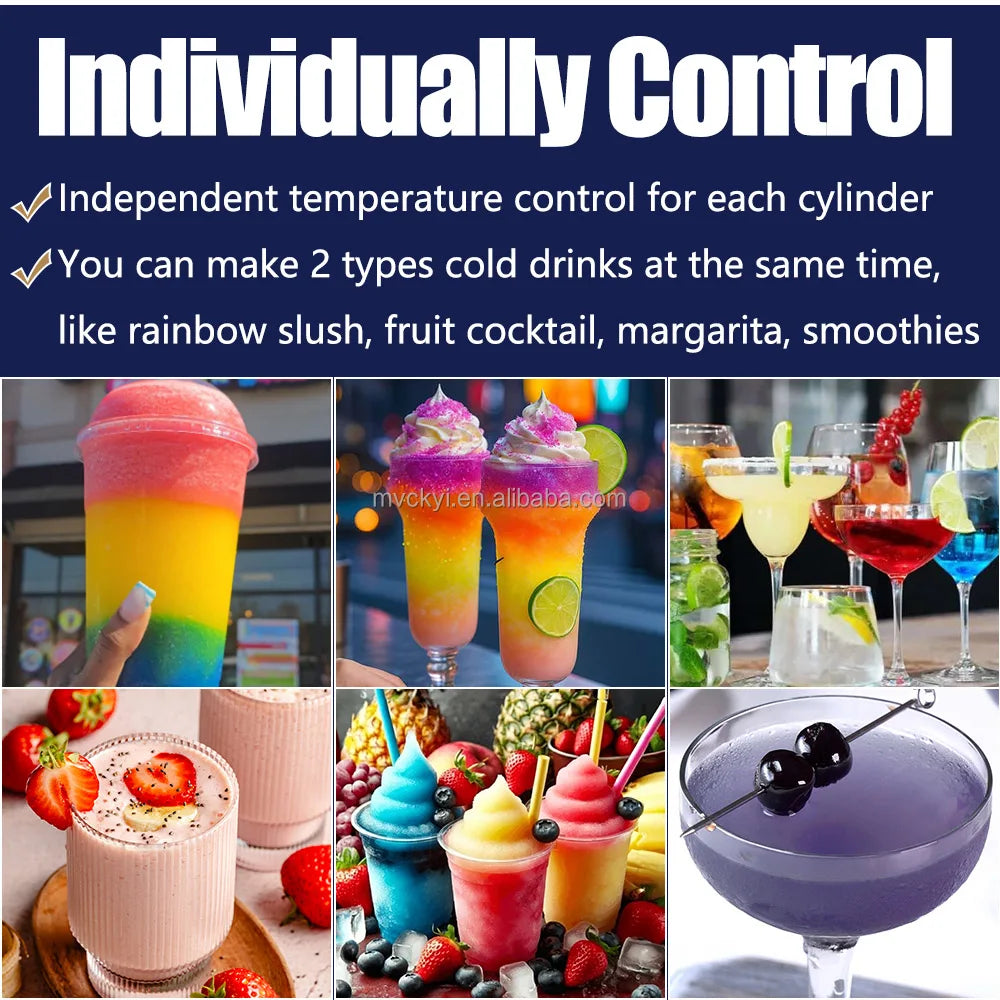 Collage of promotional images showing a commercial slushy machine's capabilities with colorful frozen drinks and cocktails.