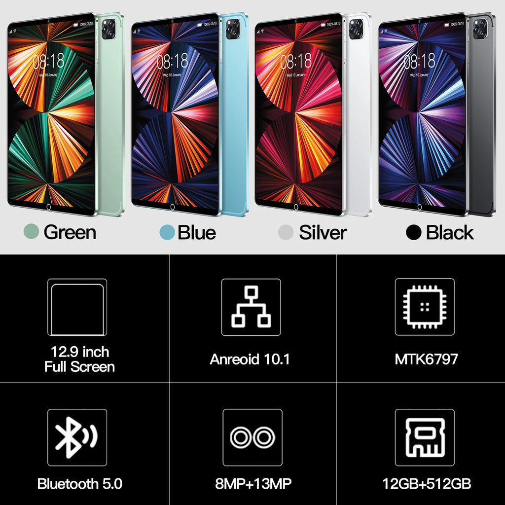 Four 10.1-inch Android tablets in green, blue, silver, and black, featuring 12GB RAM, 512GB storage, and dual cameras.