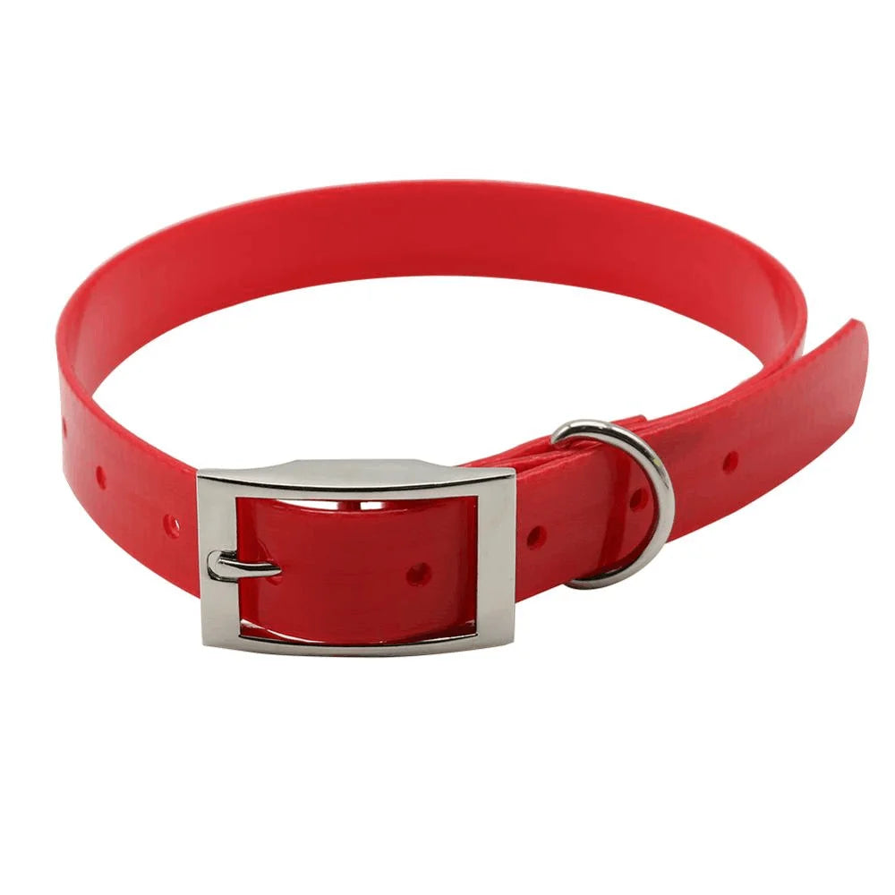 Red waterproof, reflective dog collar with a sturdy silver metal buckle and D-ring, set against a plain white background.