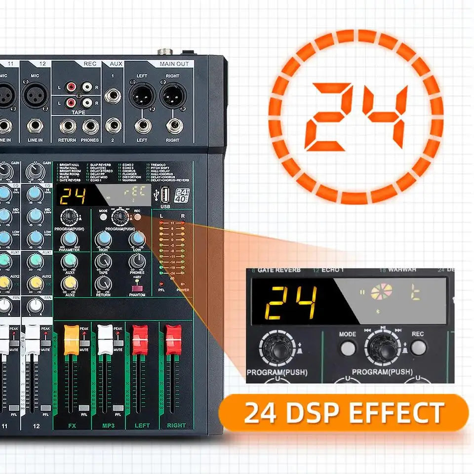 Black 12-channel audio mixer with colourful faders, rotary knobs, and a digital display showing 24 DSP reverb effects.