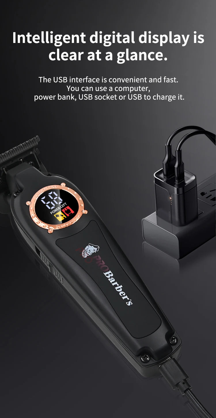 Black electric hair trimmer featuring a rose-gold rimmed digital LED battery display and USB charging cable.