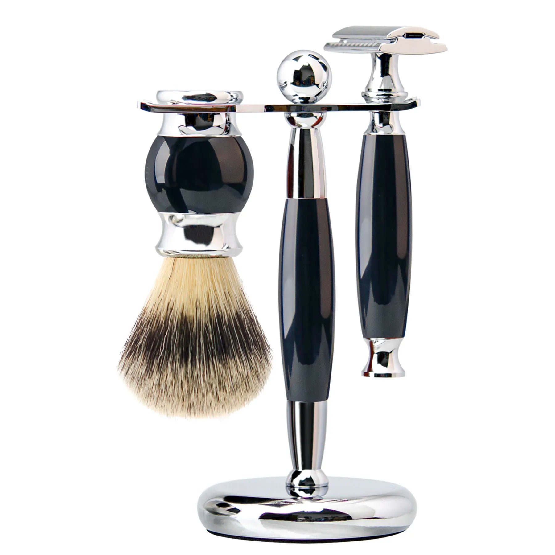 Luxury wet shaving kit with a chrome stand, black safety razor and a soft-bristled shaving brush.