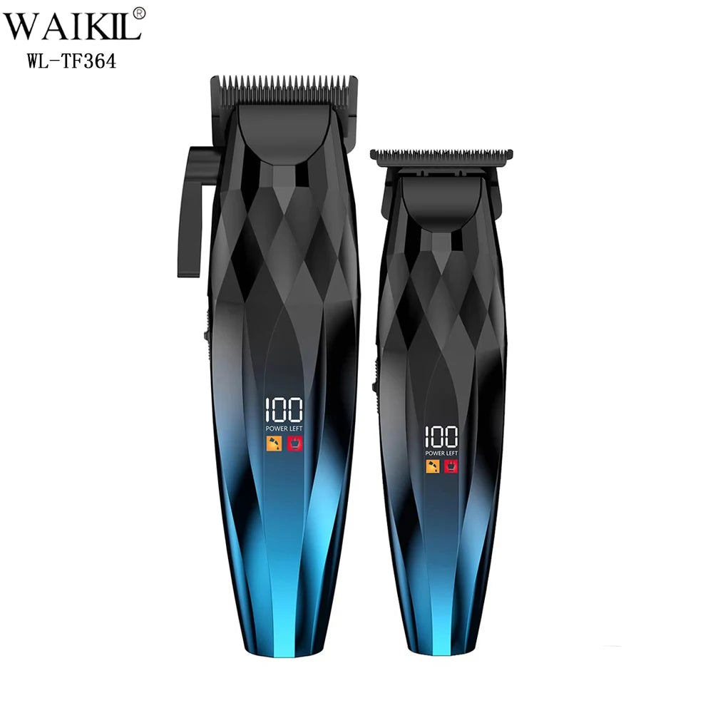 Two cordless hair and beard trimmers in black and blue, featuring geometric designs and digital battery displays.