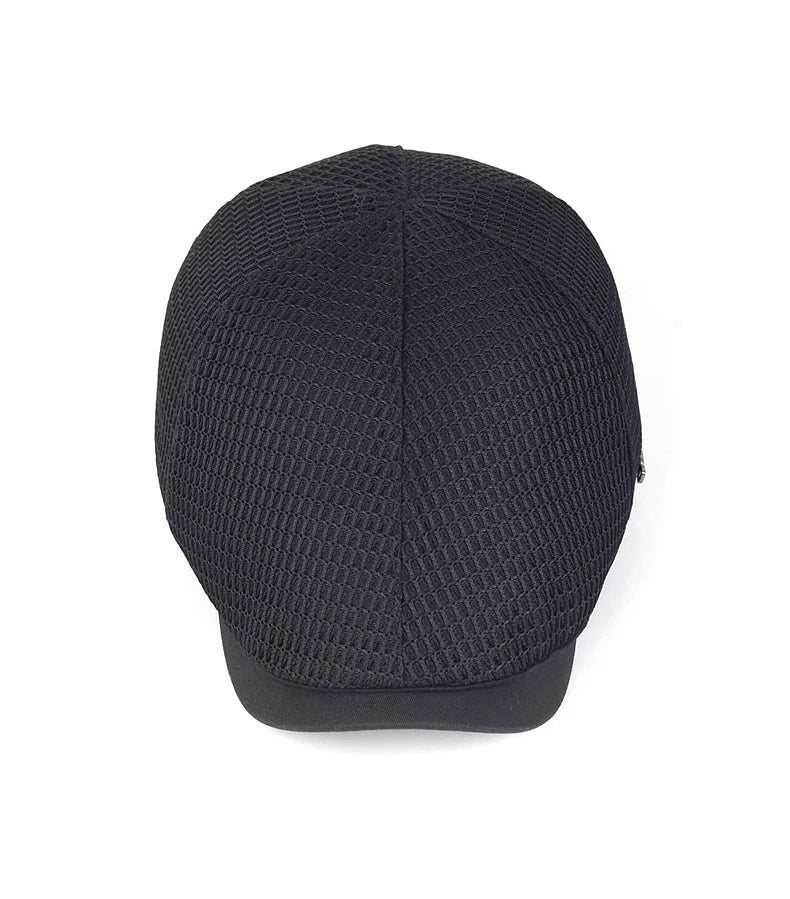 Top-down view of a black unisex flat cap, featuring a lightweight, breathable mesh texture and a solid brim.