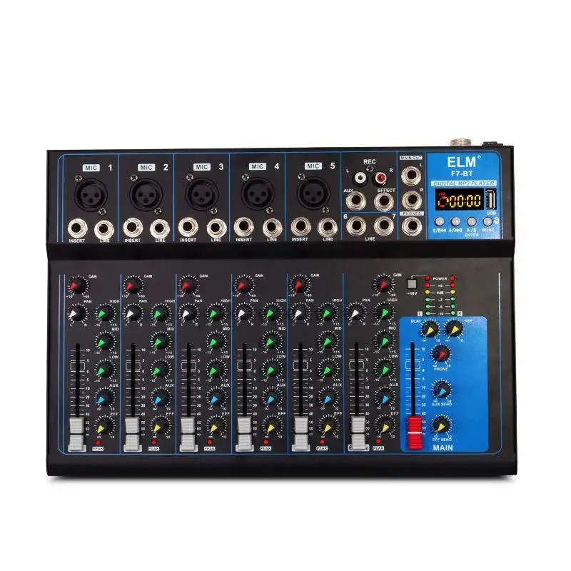 Professional 7-channel DJ mixing console in black with colourful knobs, faders, and a digital MP3 display.