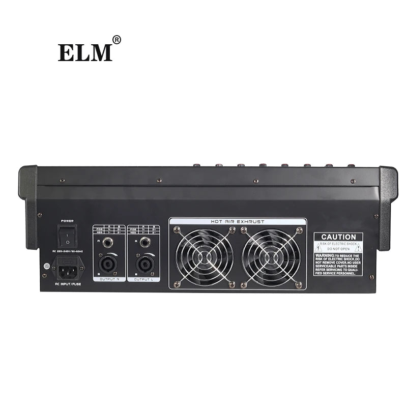 Rear view of a black professional audio mixer, showing the power input, two output jacks, and dual cooling fans.