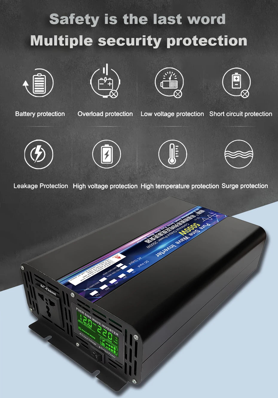 Black 5000W pure sine wave power inverter with a digital display screen and multiple safety protection icons.