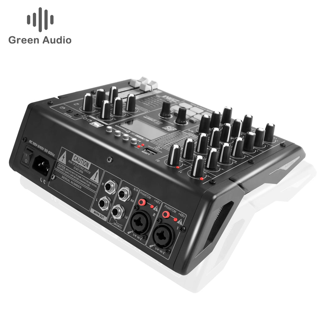 Black 4-channel professional audio mixer featuring multiple rotary control knobs, sliders, and input ports.
