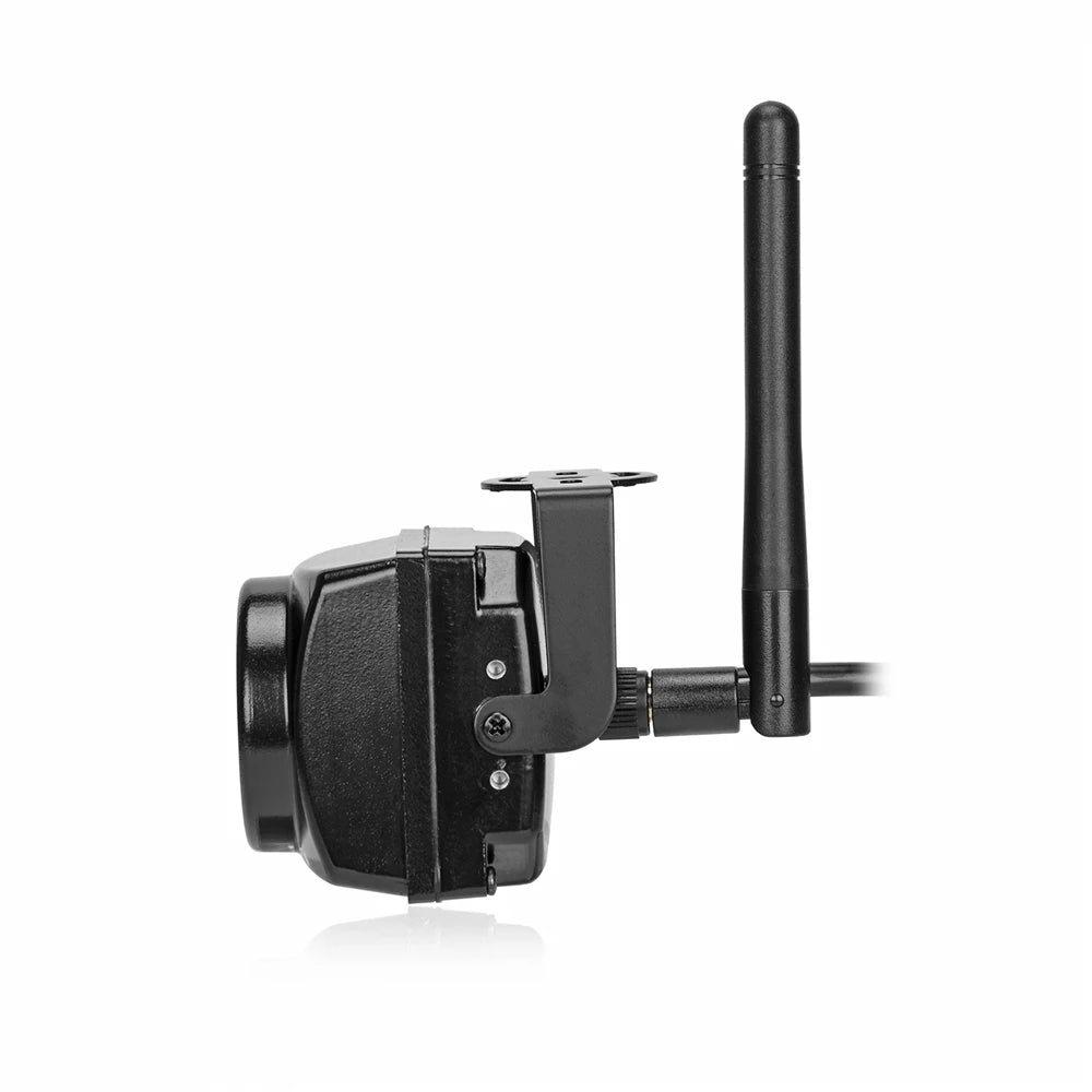 Side view of a black metal wireless security camera with an adjustable mounting bracket and vertical antenna.